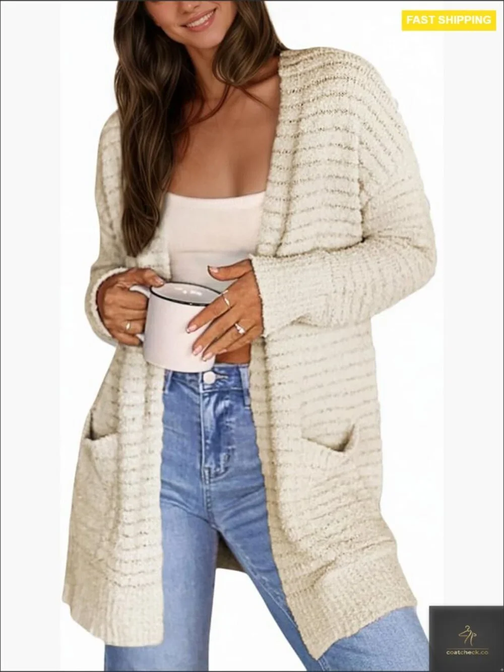 Women Open Front Fuzzy Knit Cardigan with Pockets Long Sleeve Chunky Sweater